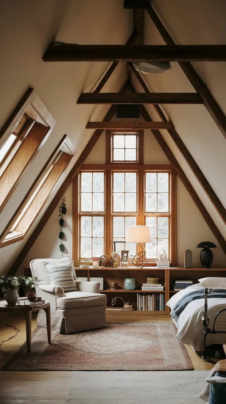 Sunlight streams into this charming attic loft room, a perfect attic hideout created by a stunning attic conversion. The attic bedroom boasts multiple windows and cozy comfort.