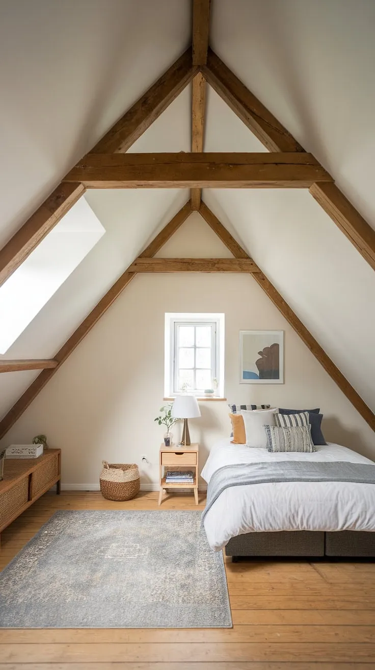 Attic renovation complete! This attic room is now a tranquil attic bedroom, a perfect blend of rustic charm and modern comfort. The attic with windows floods the space with light, transforming this attic hideout into a peaceful retreat.