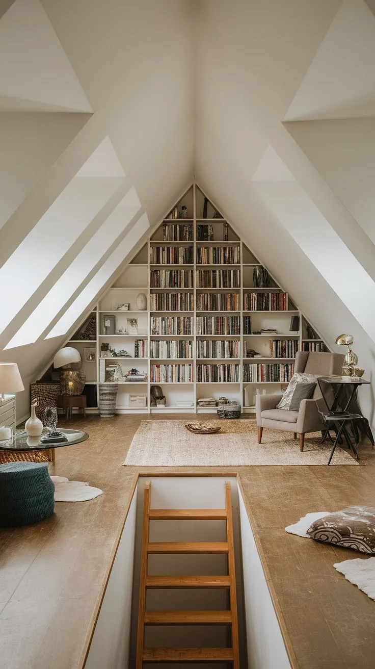 Sunlight streams through the many windows of this charming attic room, illuminating a cozy reading nook complete with a large bookshelf and comfortable chair. The successful attic conversion has created a peaceful attic bedroom, a true attic hideout perfect for escaping the everyday. A small desk and ladder add to the unique character of this delightful space. The wooden floors and white walls enhance the feeling of spaciousness in this thoughtfully renovated attic.