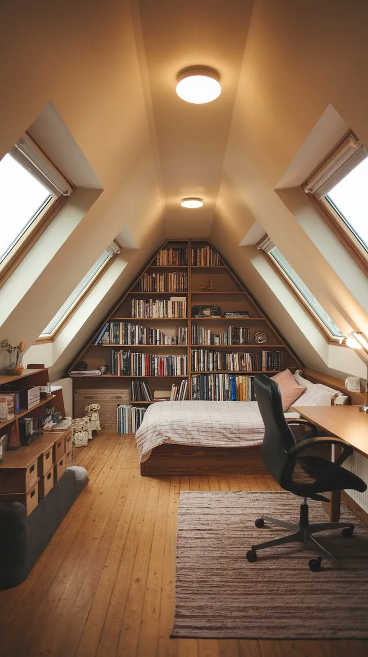 This attic with windows has been cleverly converted into a delightful attic bedroom. The attic renovation resulted in a cozy attic hideout, perfect for quiet contemplation. A comfortable bed, a desk and chair, and a well-filled bookshelf create a functional and inviting space within this charming attic room. The warm lighting and wooden floors complete the tranquil atmosphere.