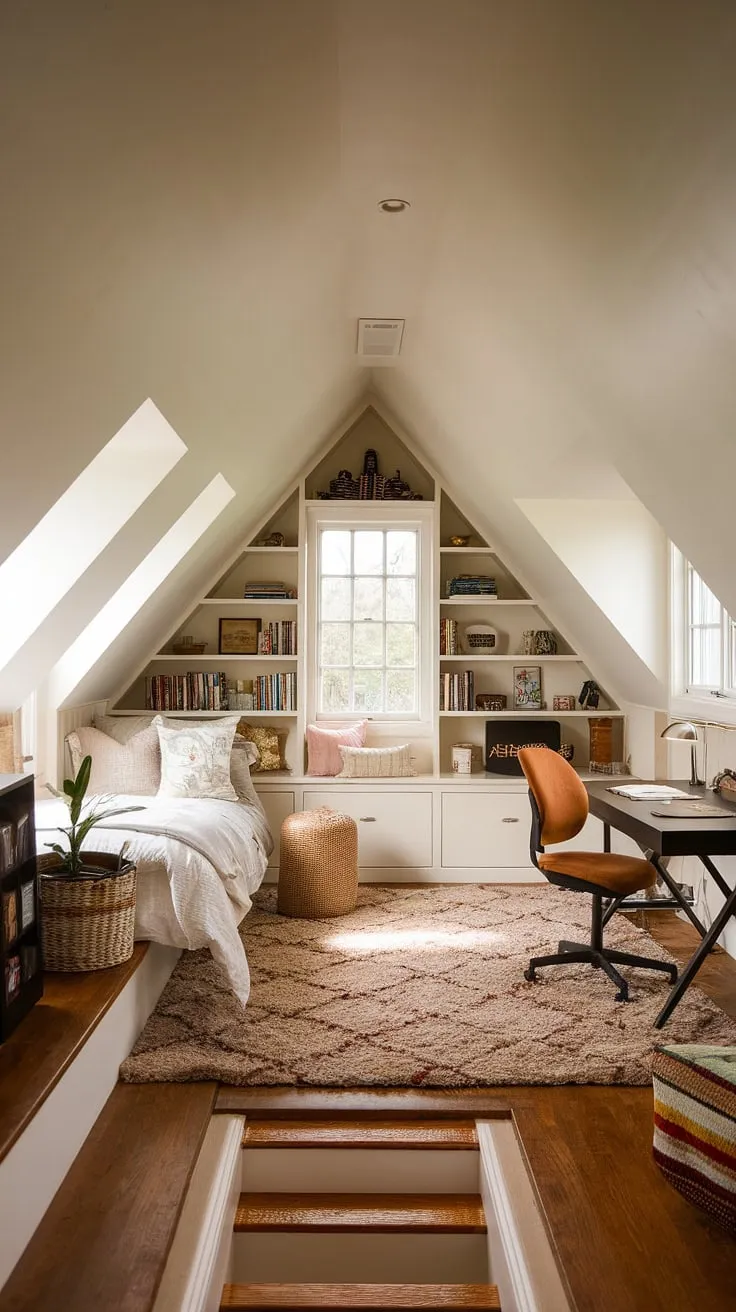 Sunlight streams into this stunning attic conversion, transforming a forgotten space into a cozy attic bedroom. The attic with windows creates a bright and airy feel, perfect for relaxing in the reading nook or getting inspired at the writing desk. This attic hideout, complete with built-in shelves and a plush rug, is the epitome of attic room comfort and functionality. A charming ladder leads up to further explore this delightful attic renovation.