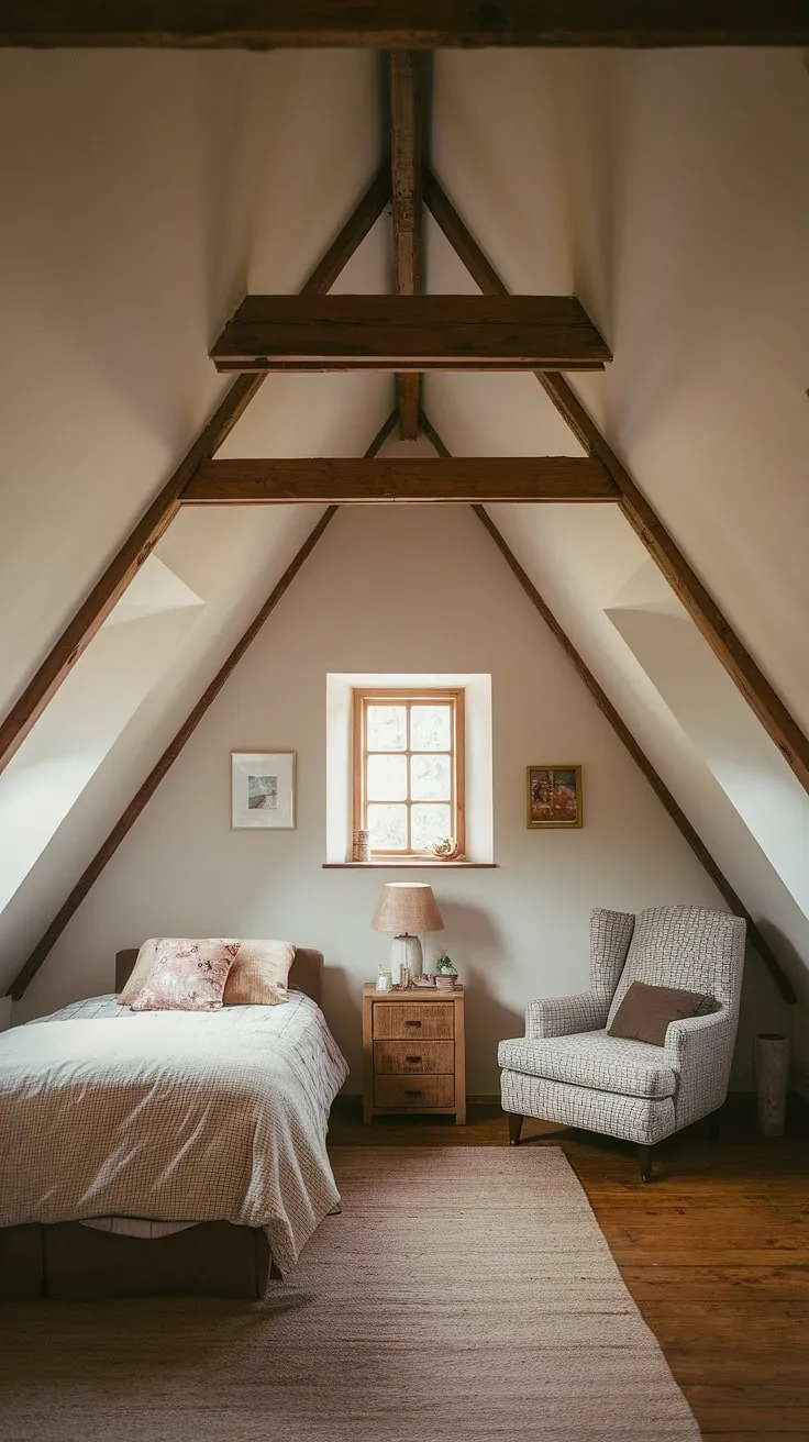 Cozy attic bedroom retreat: This attic room conversion boasts charming sloped ceilings, small windows letting in natural light, and a perfect blend of rustic beams and modern comfort. An attic hideout transformed into a peaceful sanctuary.