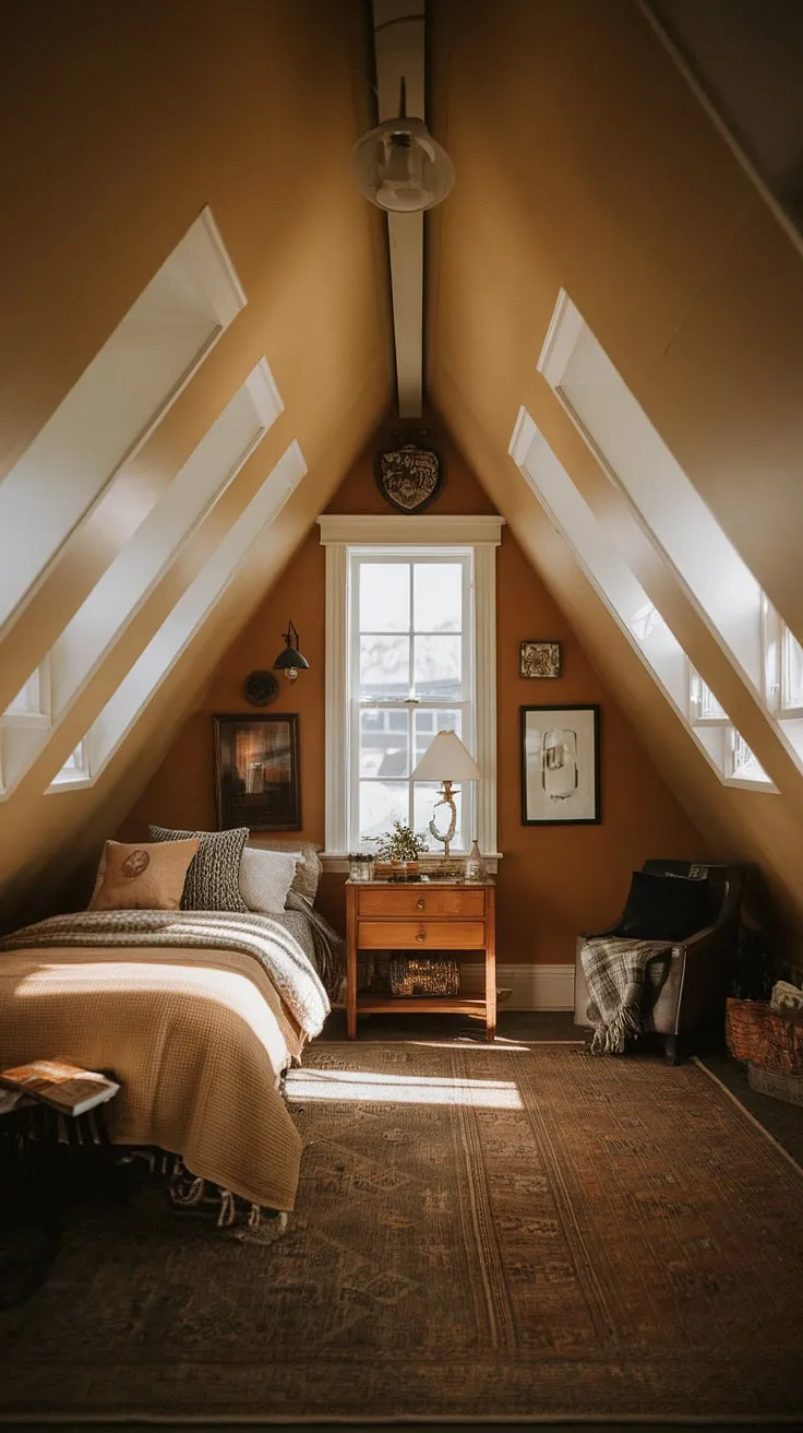 Sunlight streams through the multiple windows of this charming attic room, transforming this attic conversion into a cozy attic bedroom. The warm-hued walls and plush rug complete the inviting atmosphere of this delightful attic hideout, a testament to a successful attic renovation.