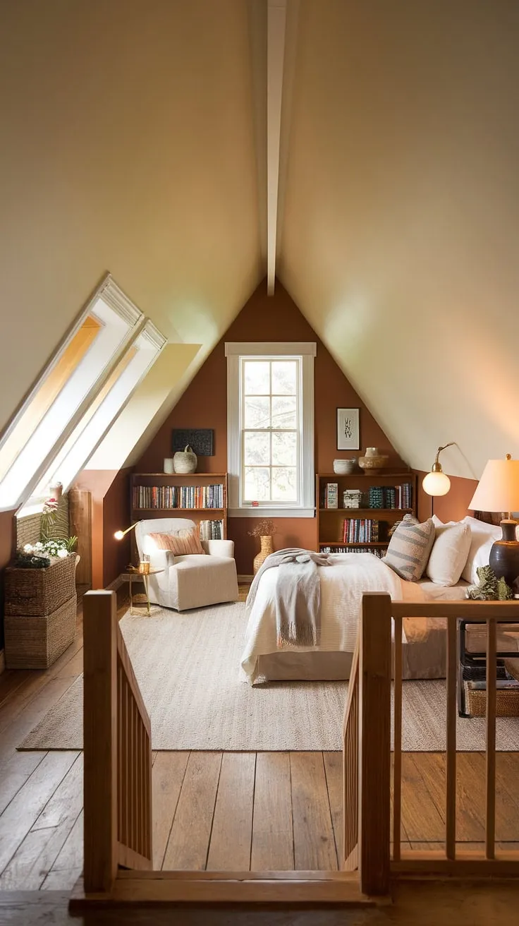 Sunlight streams through the ample windows of this charming attic bedroom, transforming this attic conversion into a cozy attic hideout. A small wooden staircase leads up to the comfortable bed, reading chair, and bookshelf, all nestled within the warm embrace of the sloped ceiling. The attic renovation is complete, creating a peaceful and inviting attic room.