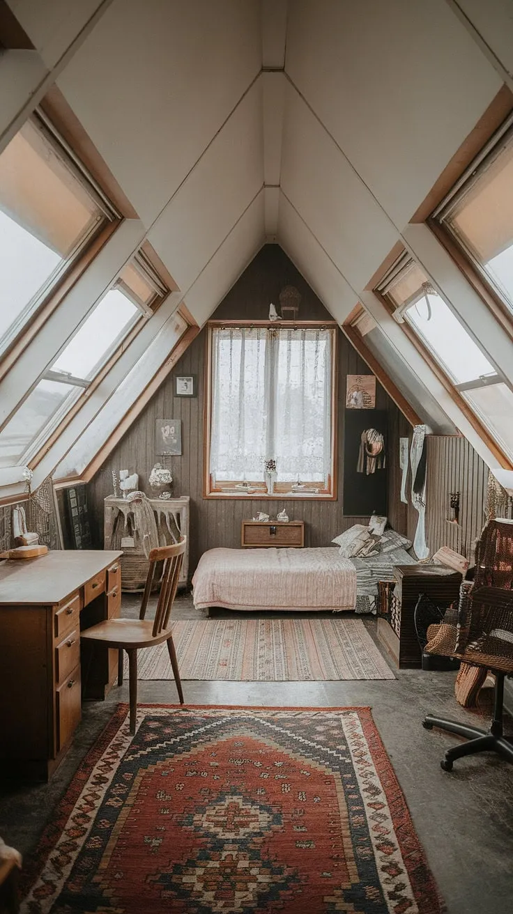 This attic renovation has transformed this space into a dreamy attic bedroom. The abundance of windows in this attic room floods the space with natural light, highlighting the vintage details and creating a peaceful attic hideout. The wooden floors and walls, patterned rug, and comfortable furniture complete the charming attic conversion.