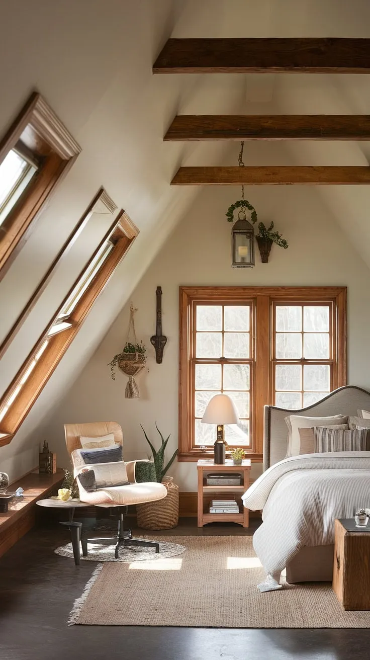 Sunlight streams into this charming attic loft room, transforming this attic with windows into a tranquil attic bedroom. A perfect example of an attic conversion done right.