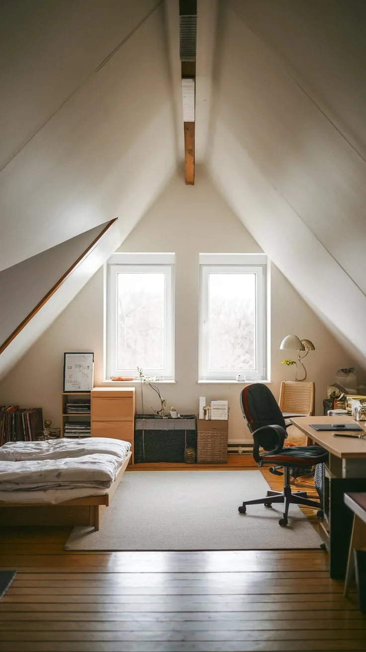 This attic room, with its sloped ceilings and attic with windows, is an idyllic attic bedroom—a dreamy attic renovation and the ultimate attic hideout.