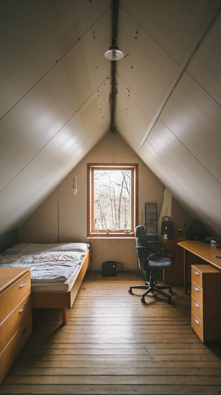 My attic renovation is complete! This attic room, with its sloped ceilings and charming window, is now my favorite attic with windows. A true attic loft room retreat.
