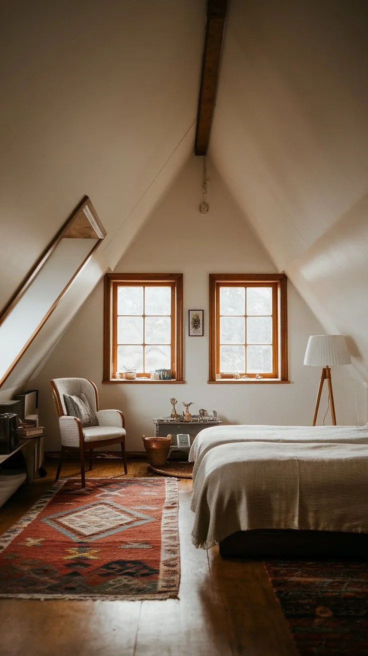 Sunlight streams through the charming windows of this attic bedroom, illuminating a cozy attic room complete with a double bed, comfortable chair, and soft rug. The successful attic conversion and renovation have created a peaceful attic hideout, a perfect blend of rustic charm and modern comfort.