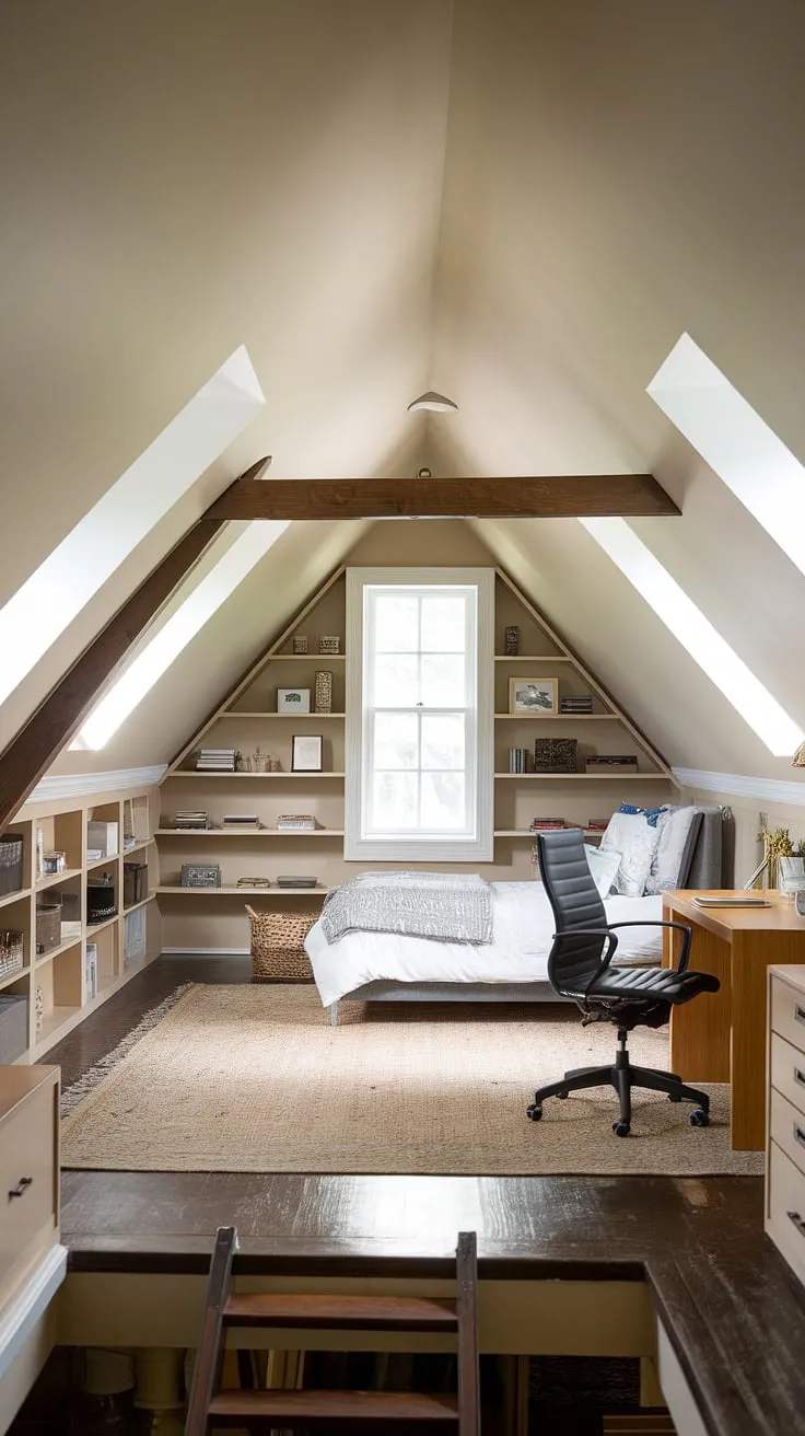 This attic renovation transformed this space into a bright and functional attic with windows. The resulting attic bedroom is a perfect attic hideout, featuring a comfortable bed, a workspace with a desk and chair, and plenty of natural light. The exposed wooden beam and warm beige walls add character to this unique attic room.