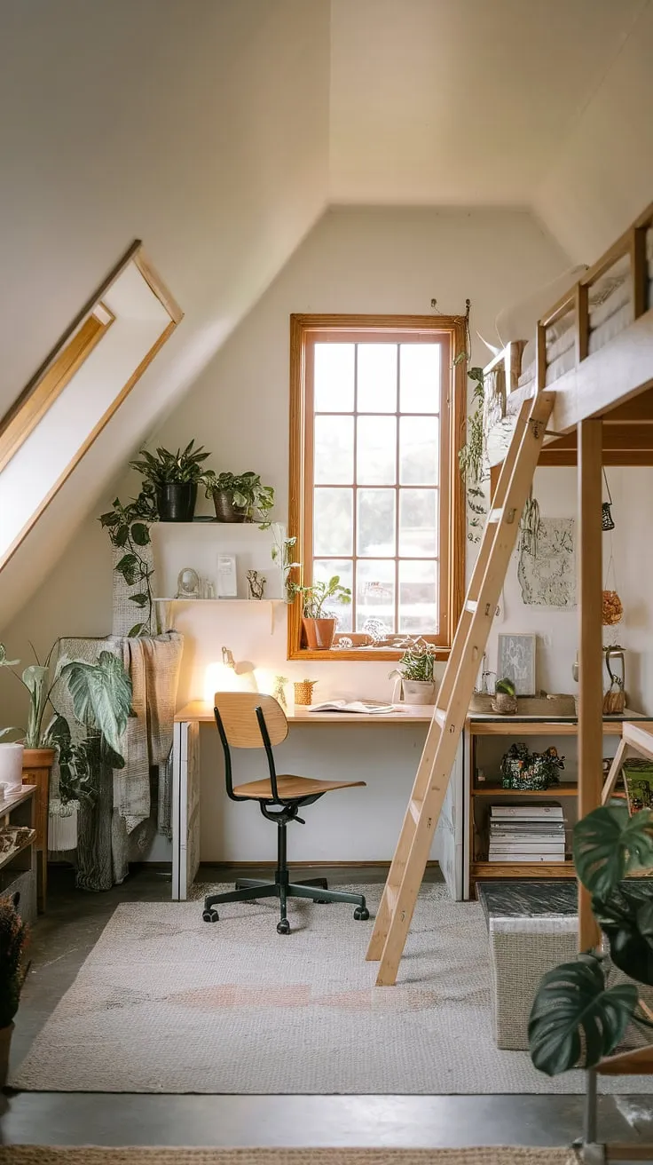 This attic renovation is a testament to clever space planning. The attic with windows has been beautifully converted into a functional and stylish attic bedroom. With a loft bed, desk, and charming details, this attic room now serves as a perfect attic hideout, a private sanctuary bathed in natural light.