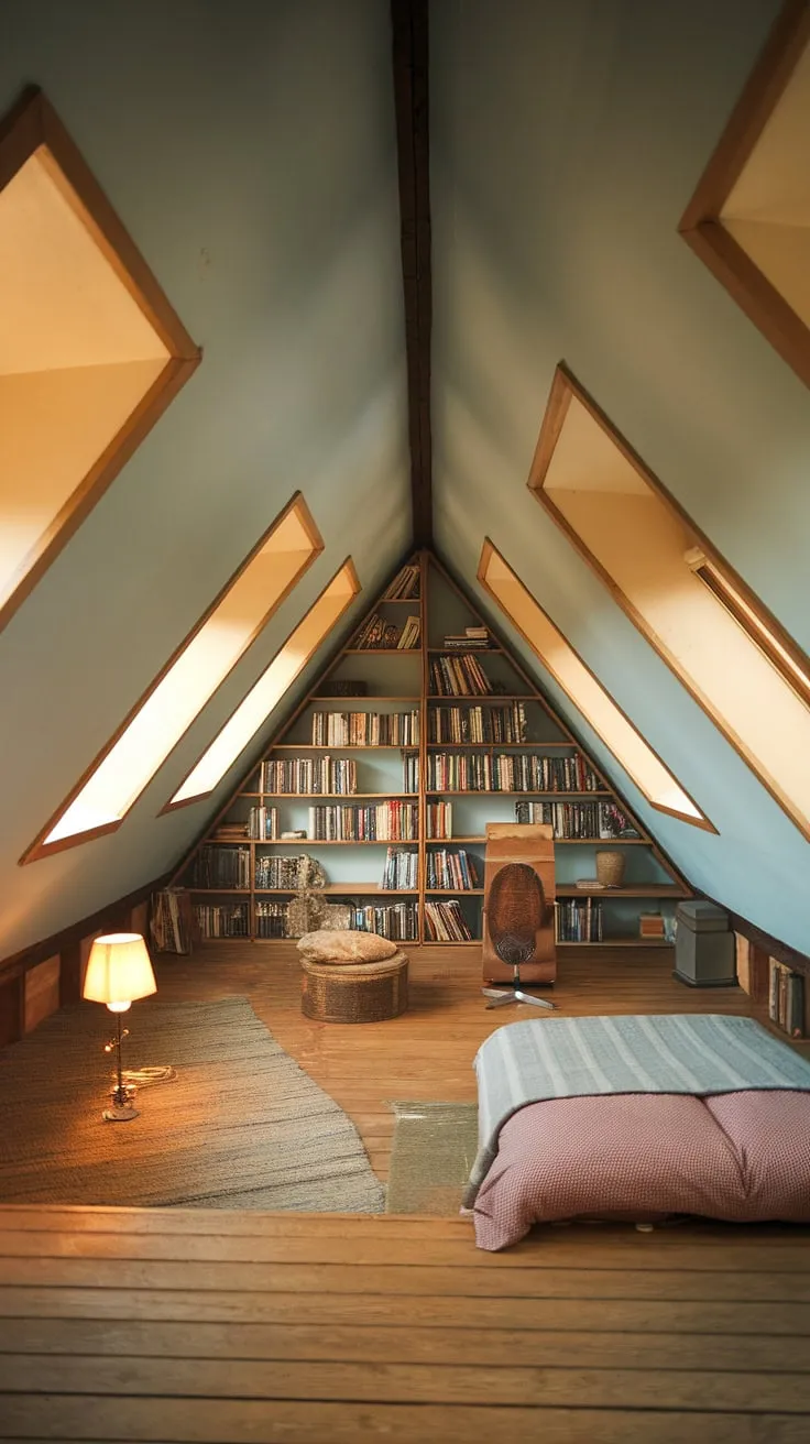 This charming attic room, a successful attic conversion, boasts a cozy atmosphere perfect for an attic hideout. The attic with windows bathes the attic bedroom in natural light, highlighting the warm wood floors and light blue walls. A single bed, bookshelf, and comfortable chair complete this delightful attic renovation.