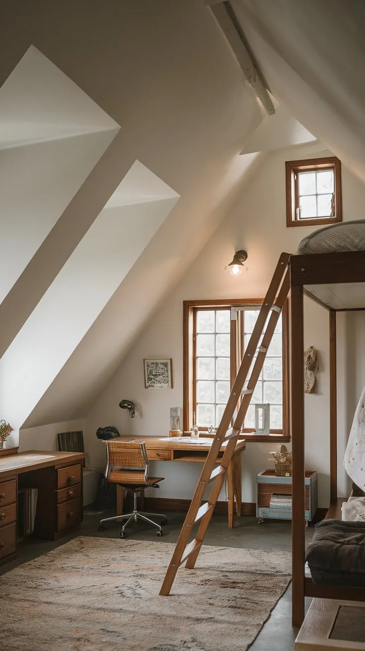 Sunlight streams into this dreamy attic loft room, a perfect attic hideout and the result of a stunning attic conversion. This attic bedroom, with its multiple windows, is an attic renovation dream come true.