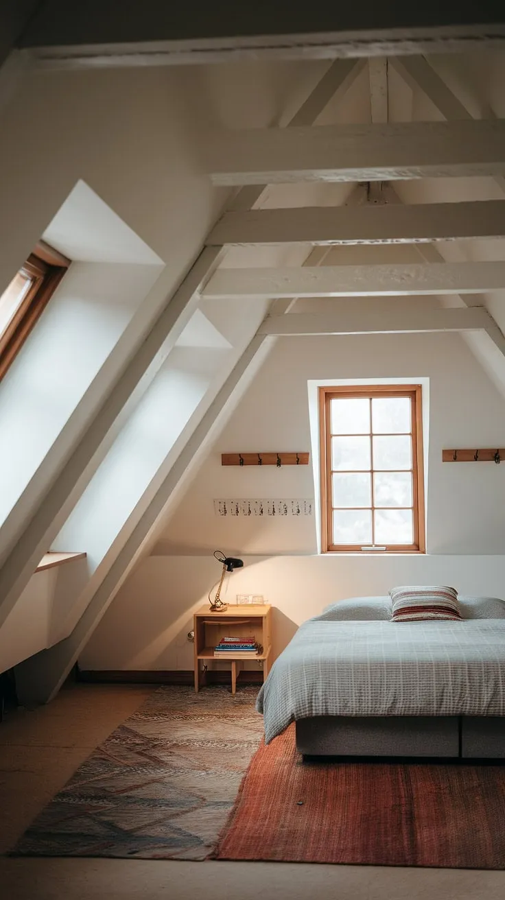 This attic with windows has been cleverly converted into a delightful attic bedroom. The attic renovation resulted in a bright and airy space, complete with a comfortable double bed and a cozy reading nook. This attic hideout offers a unique and charming escape, showcasing the potential of an attic room.