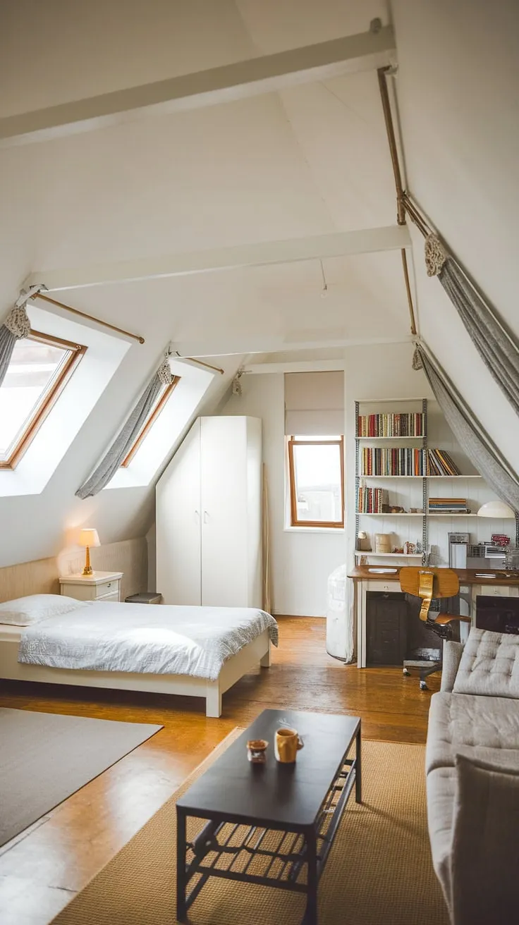 Escape to this dreamy attic loft room. The attic renovation created a stunning attic bedroom with a relaxing sitting area, proving that even an attic can be a haven.