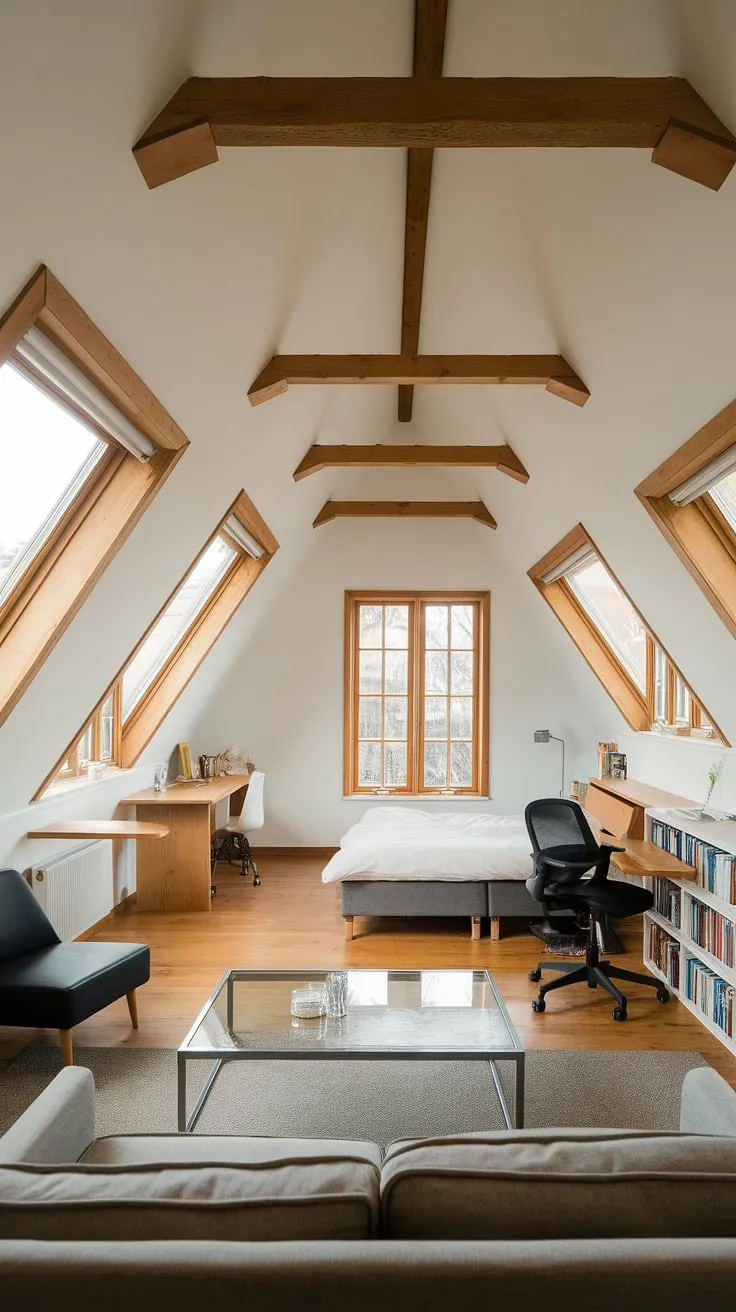 Sunlight streams through the charming windows of this attic conversion, transforming a forgotten space into a bright and airy attic bedroom. The exposed wooden beams add character to the room, while the comfortable seating area and well-placed desk create a perfect attic hideout for relaxation and work. This attic renovation is a stunning example of maximizing space and creating a beautiful and functional attic room.