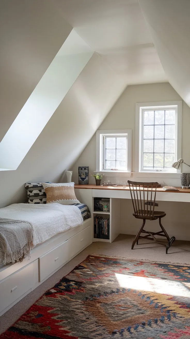 Sunlight streams into this charming attic bedroom, the result of a stunning attic conversion. A cozy tucked-in bed, a workspace with desk and chair, and the two windows make this attic with windows the perfect attic hideout and a testament to clever attic room renovation.