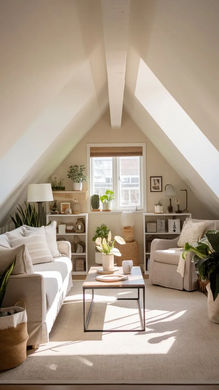 Step into your attic hideaway, a haven bathed in calming neutrals, where each carefully chosen piece of décor contributes to an atmosphere of refined relaxation, a space where you can effortlessly sink into comfort without sacrificing an ounce of style.