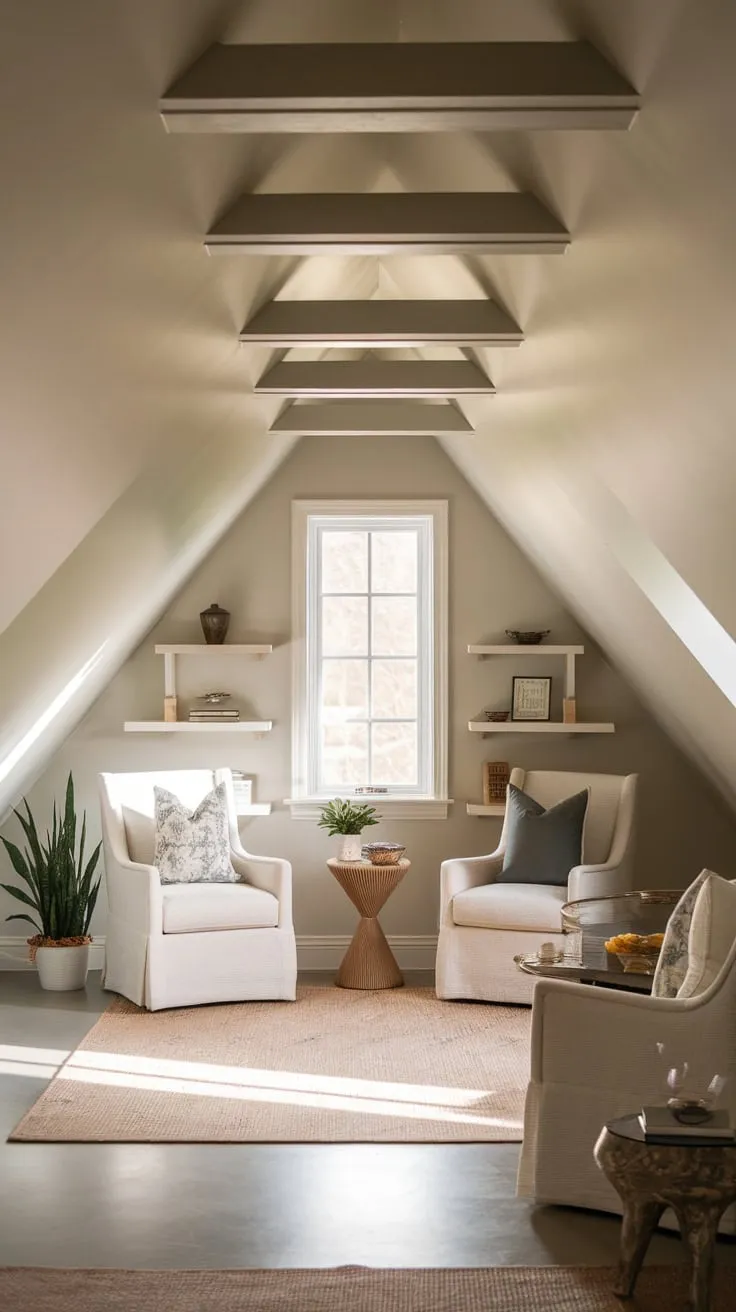 Step into the attic lounge, where a hushed tranquility settles over you, a gentle invitation to shed the day's burdens and embrace the comforting embrace of its carefully curated details and sun-drenched serenity.
