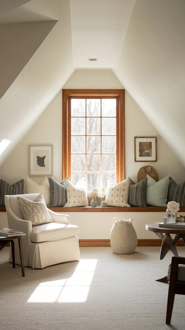 Step into the attic lounge, a haven where tranquility whispers from the serene hues and artfully placed details, beckoning you to unwind and lose yourself in quiet contemplation.