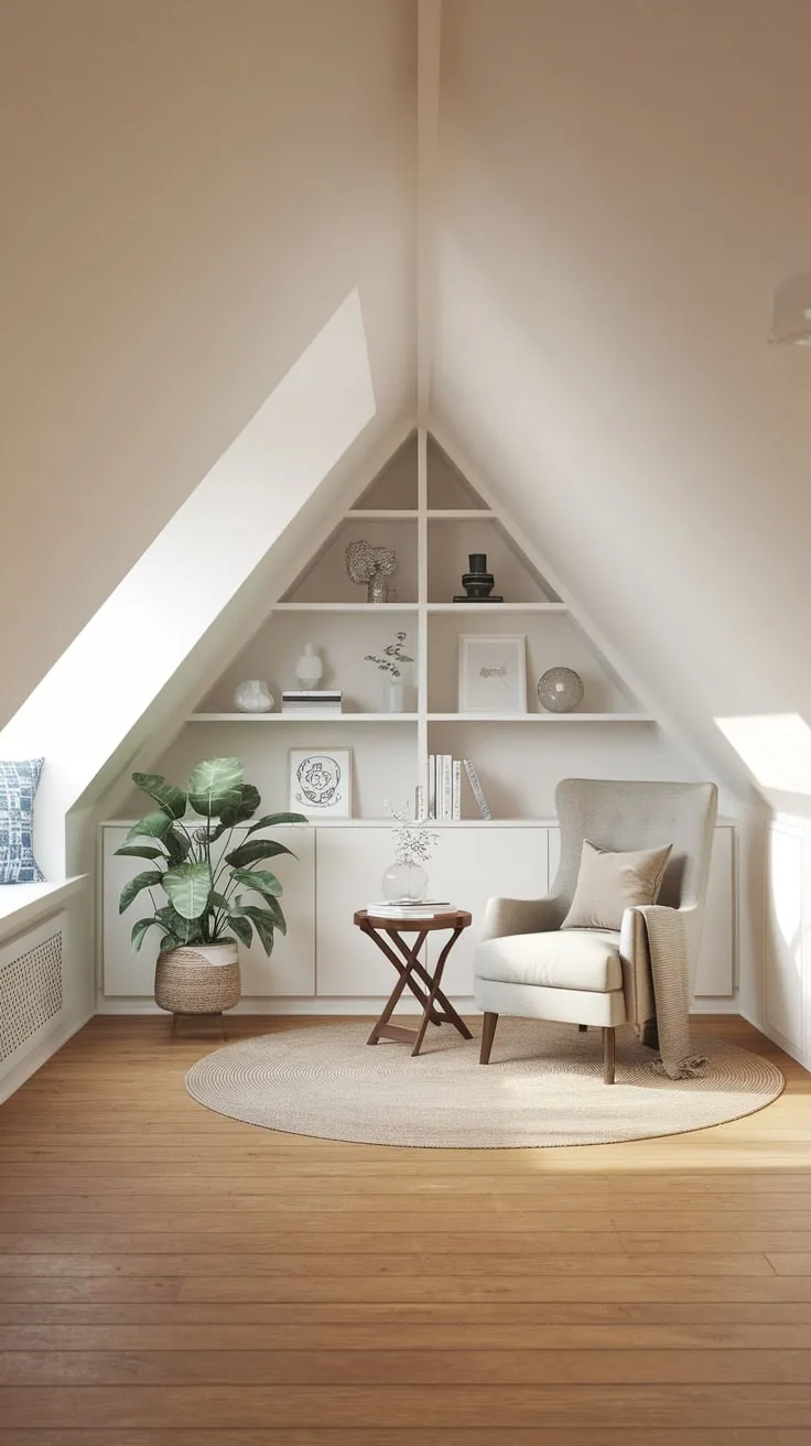This beautifully designed attic lounge perfectly blends comfort and style, creating an inviting retreat that feels both spacious and intimate.