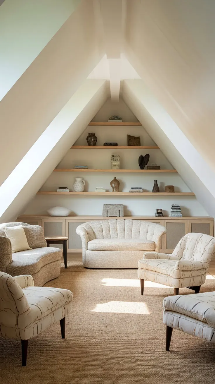Step into the attic lounge, a haven bathed in soothing neutral hues and adorned with carefully chosen treasures, and feel the day's stresses melt away as you sink into its tranquil embrace.