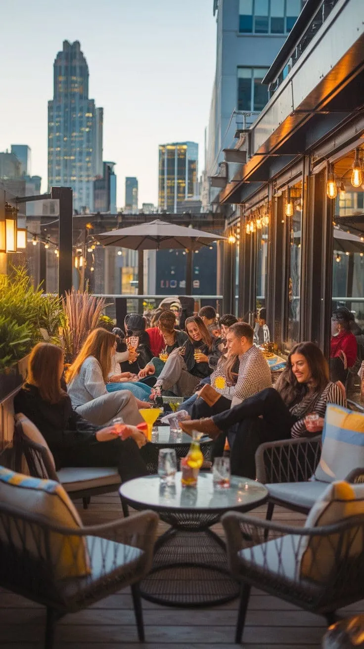 Sip golden hour cocktails under city lights in a cozy rooftop lounge, where sophistication meets effortless fun with friends for an unforgettable evening.