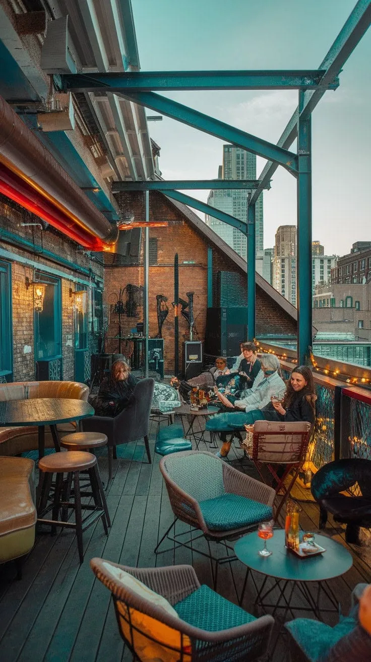 Escape to a hidden attic lounge where exposed brick, stunning rooftop views, and live entertainment create an unforgettable evening of relaxation and delightful cocktails.