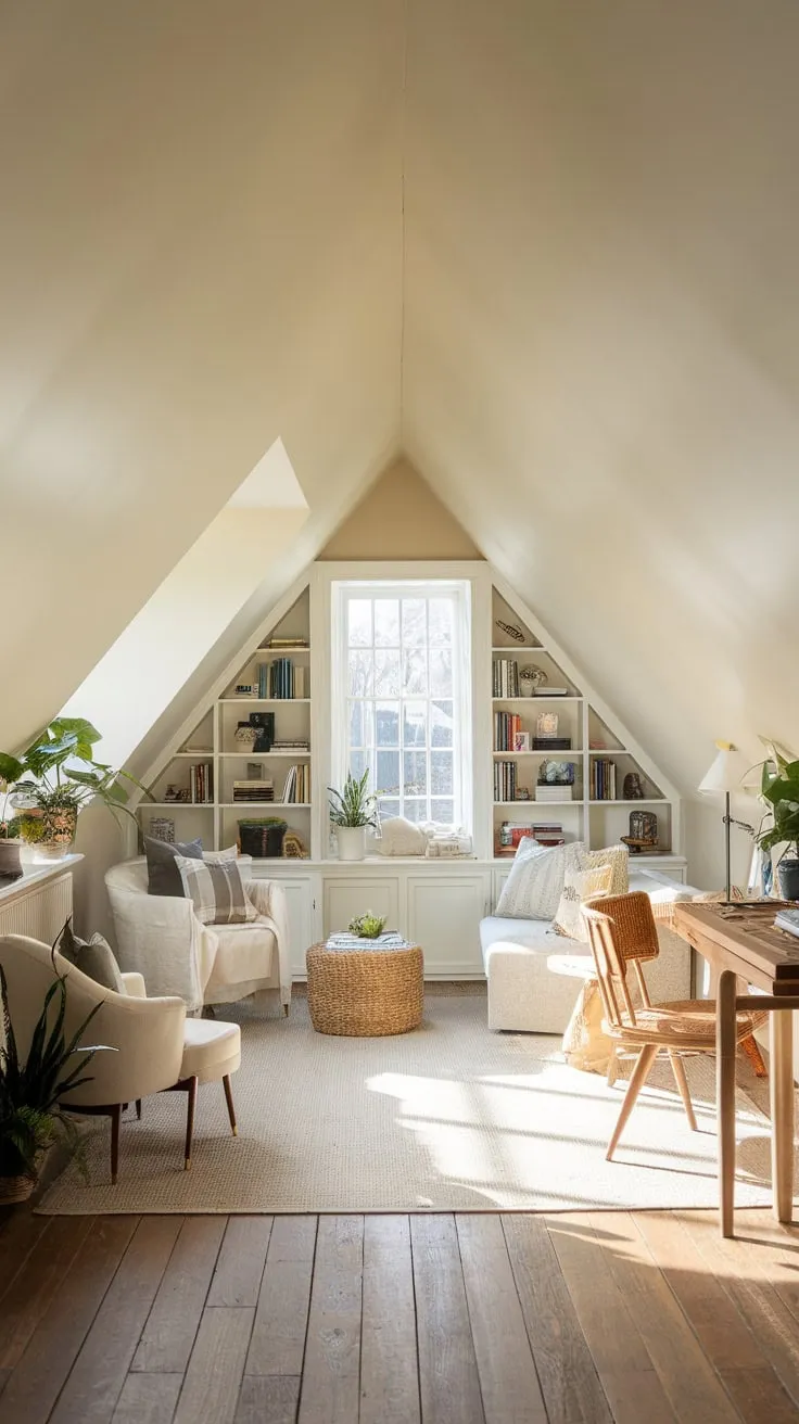 This beautifully designed attic lounge invites you to unwind with its warm neutral tones, cozy reading nook, and thoughtfully arranged spaces for relaxation and study.