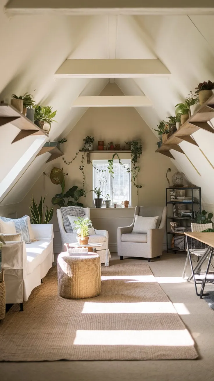 The attic lounge whispers promises of escape, its rustic heart beating in time with the gentle sway of cozy furniture and the quiet rustle of carefully curated greenery, inviting you to unwind and let the world outside fade away.