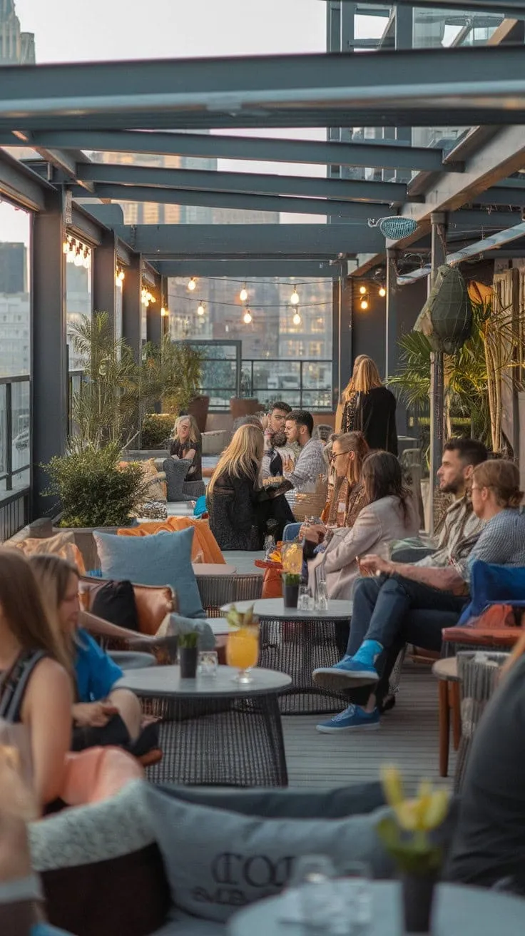 Soak in the stunning skyline and vibrant atmosphere at this trendy rooftop bar, where friends gather for drinks in a chic yet relaxed setting.