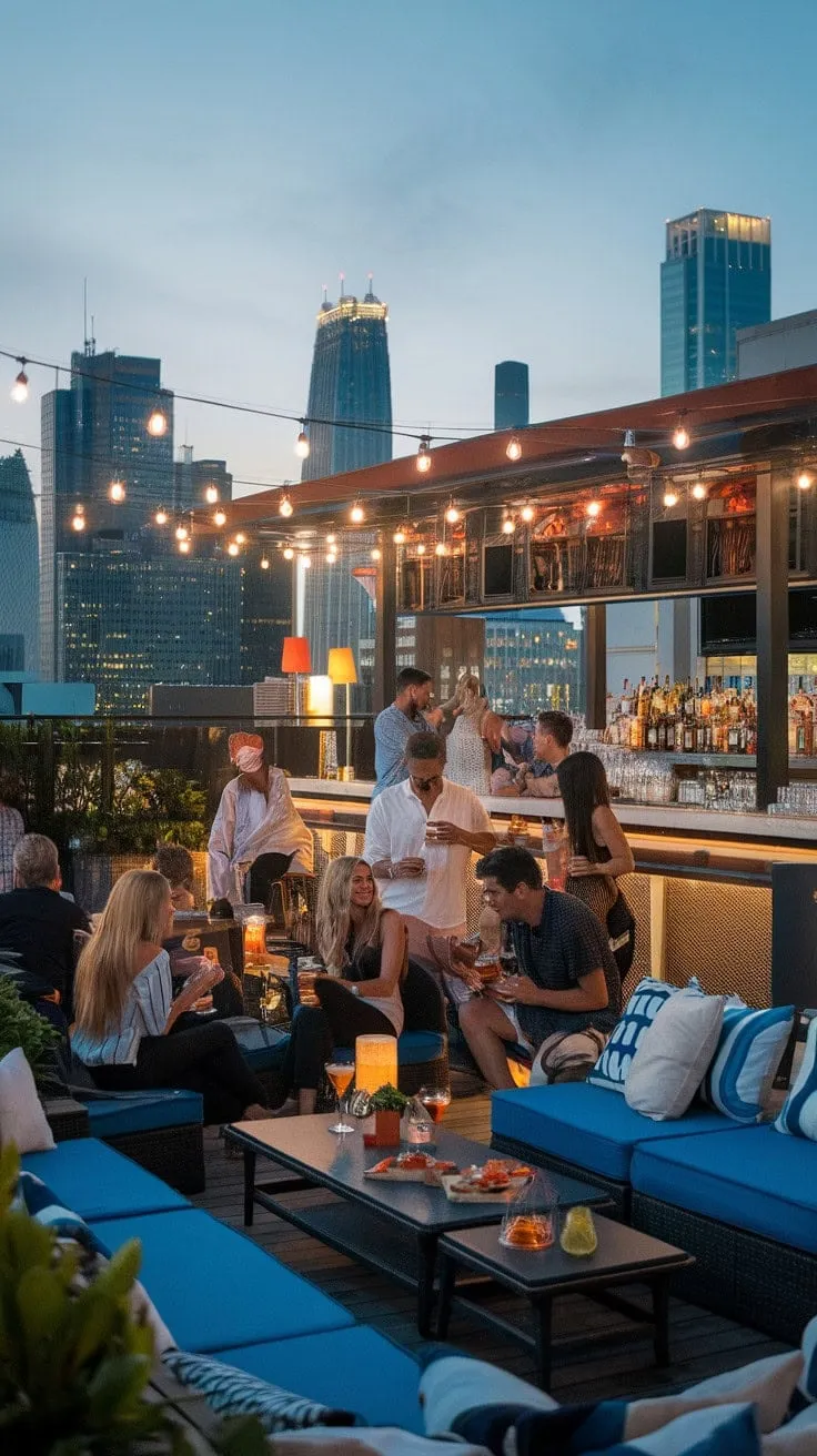 An unforgettable evening of laughter and drinks unfolds against the stunning city skyline, blending sophistication and fun with the best crew on a rooftop.