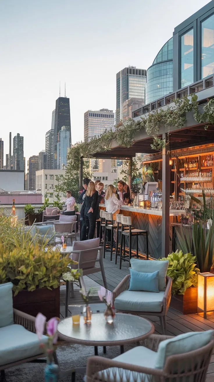 Indulge in the ultimate nightlife experience at this stylish rooftop bar.  The cozy lounge atmosphere, complete with outdoor seating and a relaxed vibe, makes it the perfect urban hangout for evening drinks and casual dining.  Enjoy delicious cocktails, city views, and a friends gathering amidst the trendy bar's sophisticated decor. This music venue is ideal for happy hour and offers a perfect blend of entertainment and social gathering.