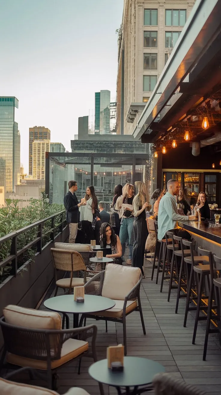Escape the everyday at this trendy rooftop bar.  Enjoy the cozy lounge atmosphere, city views, and delicious cocktails with friends during happy hour. This urban hangout offers casual dining, a relaxed vibe, and the perfect setting for an evening of drinks and entertainment.  The attic lounge's stylish decor and outdoor seating create the ideal music venue for a memorable friends gathering.