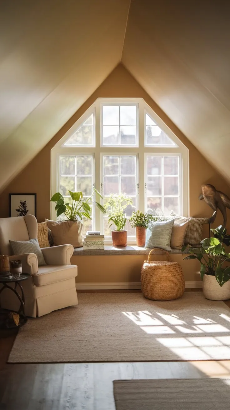 This attic lounge exudes warmth and tranquility, inviting you to unwind amidst its carefully curated decor and lush greenery.