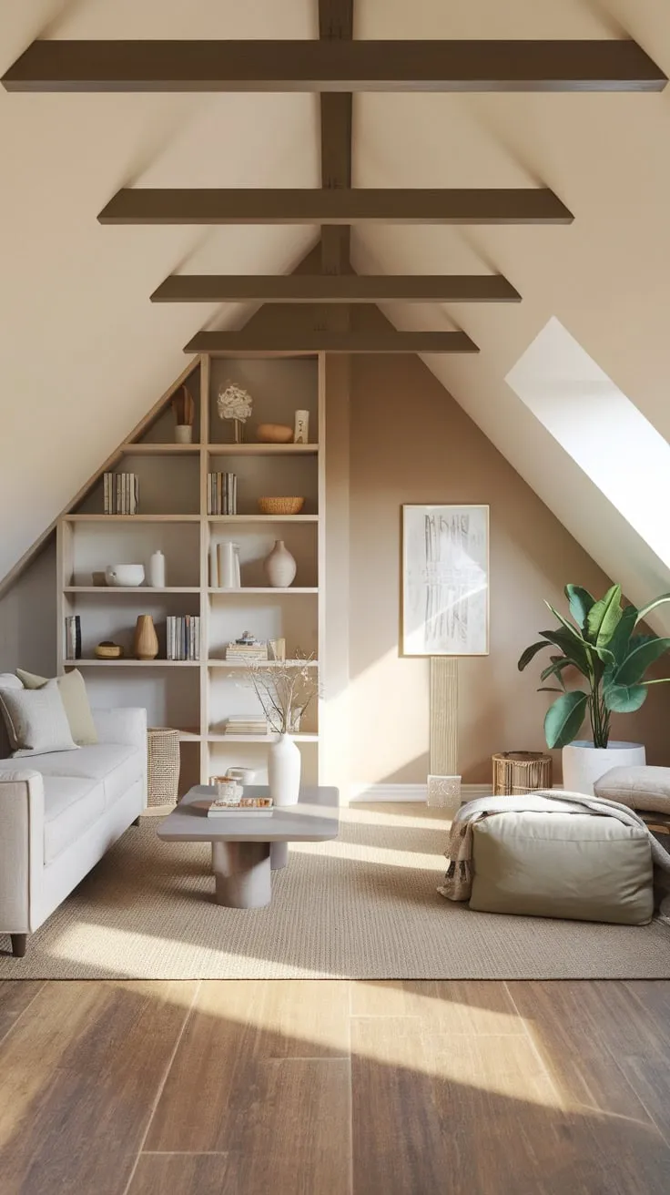 Ascend to your private sanctuary: a beautifully designed attic lounge where warm, neutral tones embrace you and thoughtfully arranged furnishings whisper an invitation to unwind, crafting the perfect escape for stolen moments of tranquility.