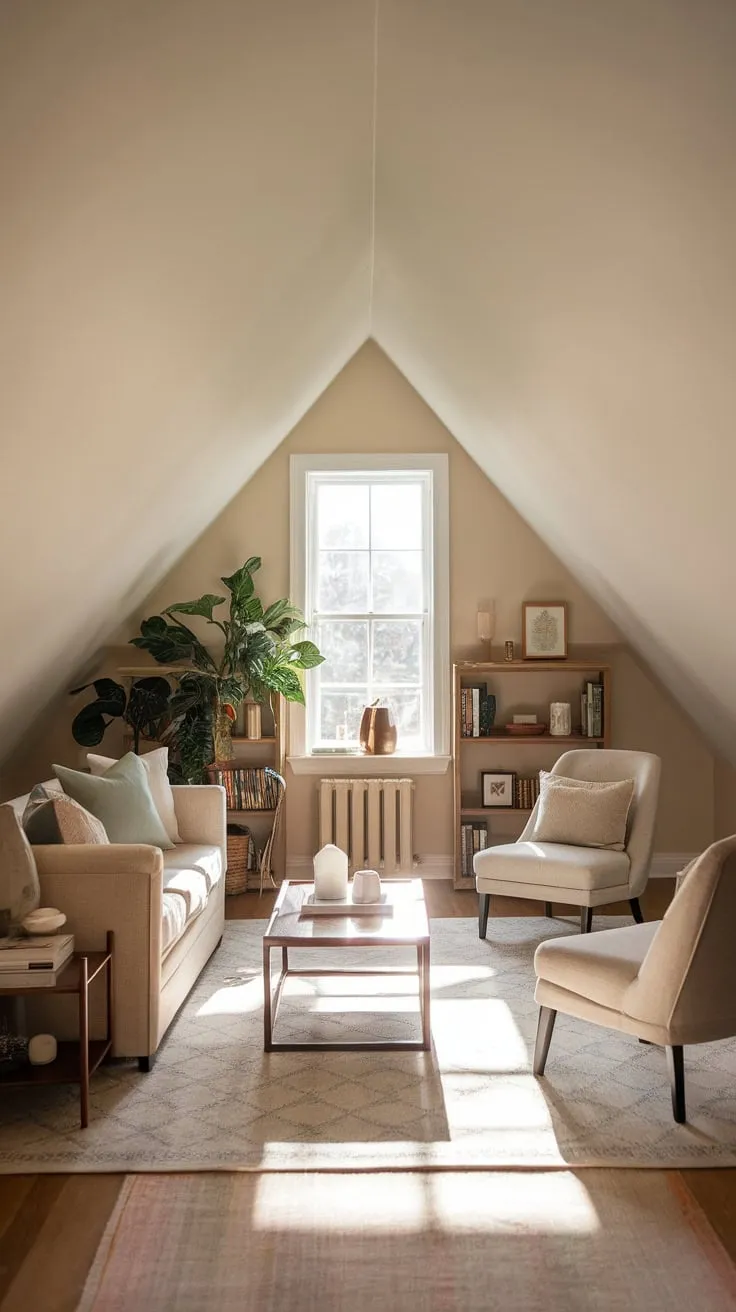 This attic lounge exudes a serene charm, inviting you to unwind amidst its thoughtfully arranged furniture and the gentle presence of greenery.