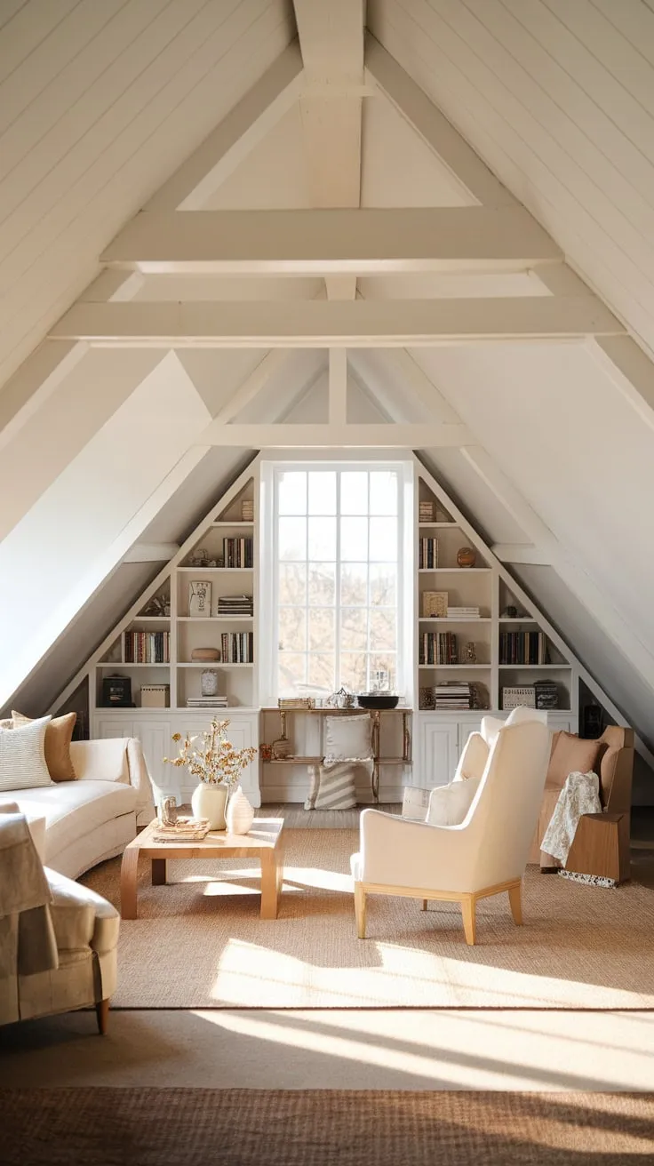 Step into the attic lounge, and feel the tranquility wash over you – a haven where a calming neutral palette meets the rustic charm of wooden accents, inviting you to unwind and lose yourself in the world of literature.