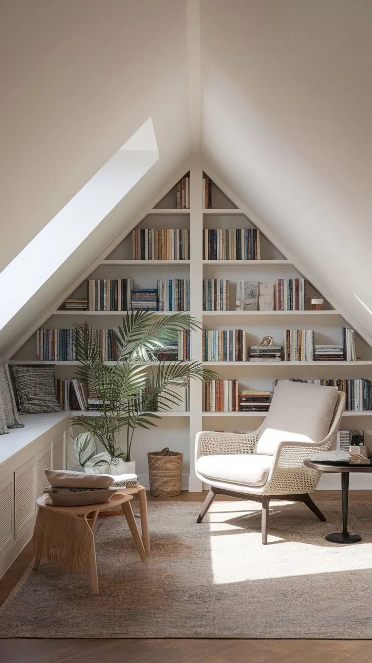 Step into the exquisitely designed attic lounge, where the promise of a captivating book and enveloping warmth beckons you to shed the day's burdens and sink into blissful comfort.