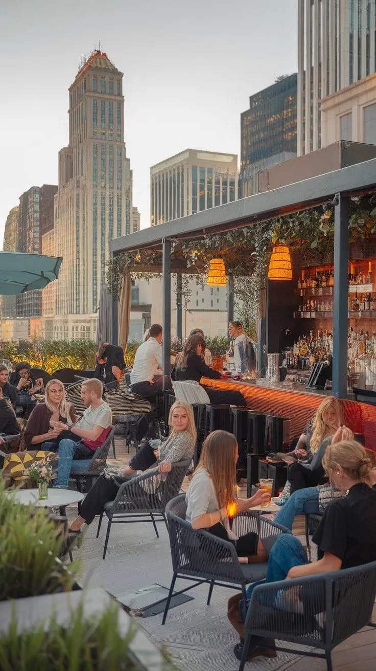 Under the glow of city lights, a chic rooftop lounge offers an enchanting mix of flowing cocktails and lingering conversations, creating an unforgettable urban escape.