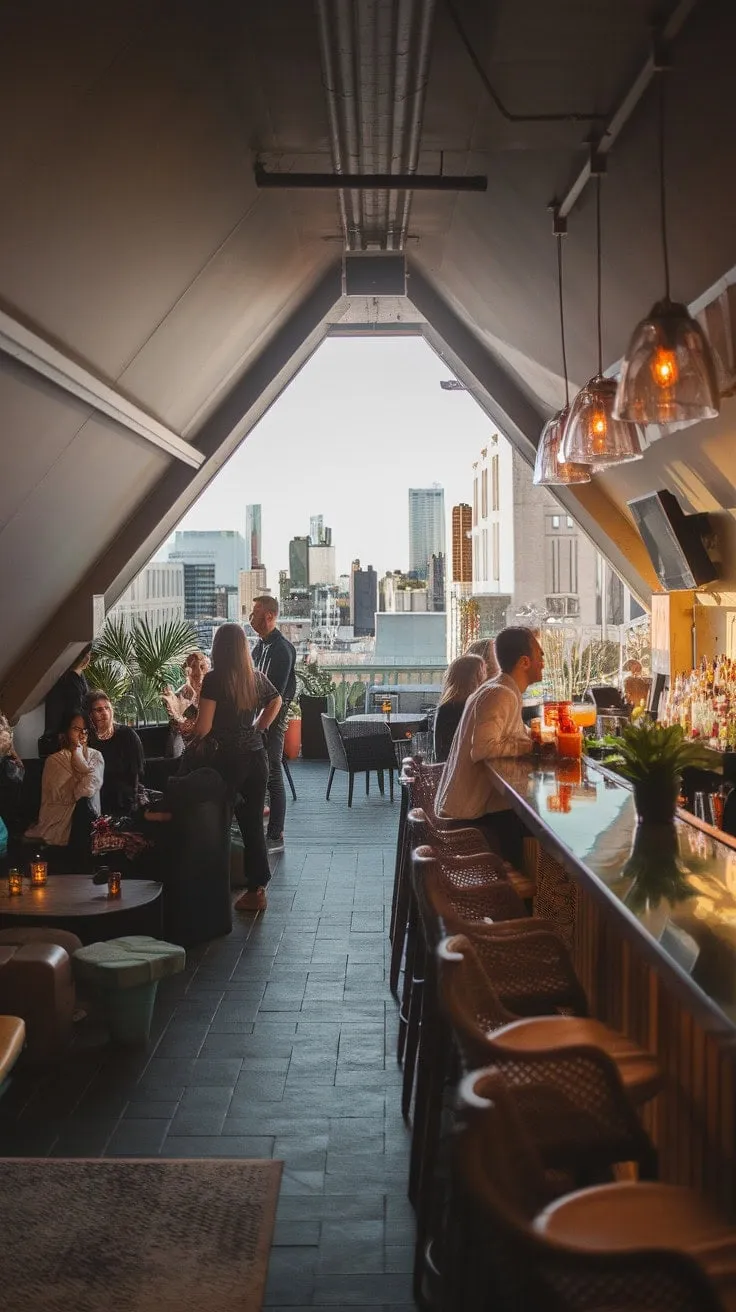 Unwind in a chic attic lounge with a rooftop bar offering breathtaking city views, where expertly crafted cocktails and great company create an unforgettable experience.