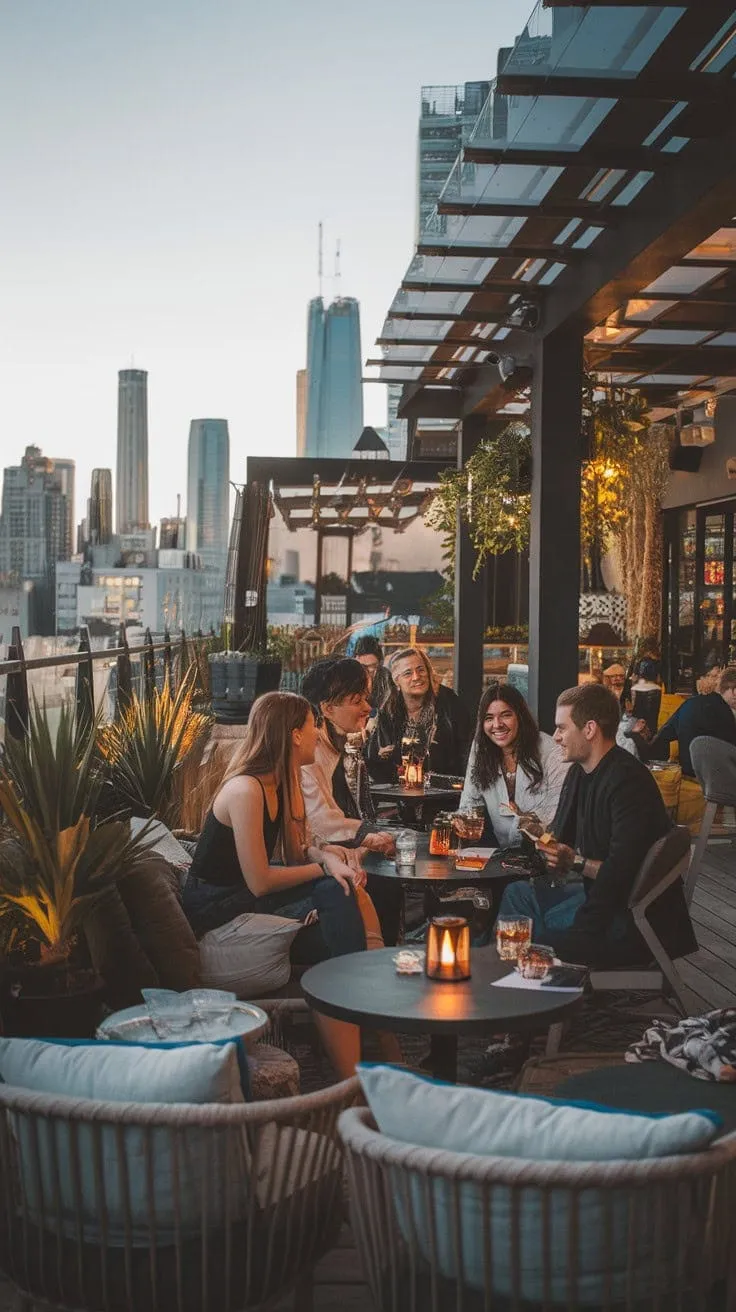 Experience pure bliss at this rooftop haven, where golden hour conversations and city views merge in a cozy yet vibrant atmosphere, enhanced by expertly crafted cocktails.