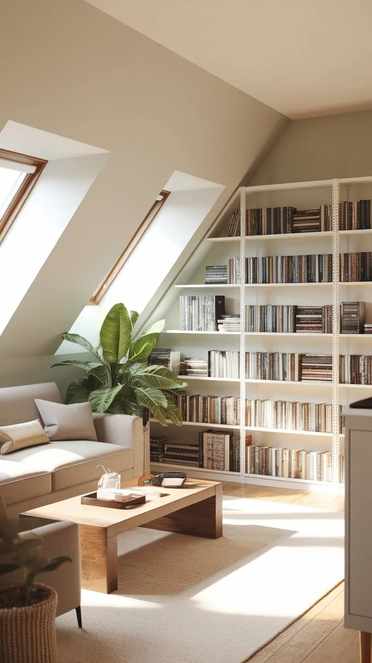 This attic man cave perfectly blends comfort and style, creating an inviting retreat filled with books and greenery.