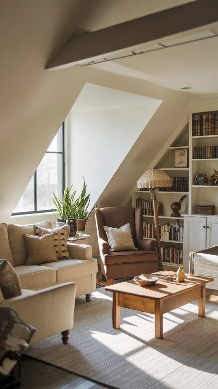 Step into your attic sanctuary, a haven where vintage whispers mingle with calming neutrals, inviting you to unwind and rediscover yourself.