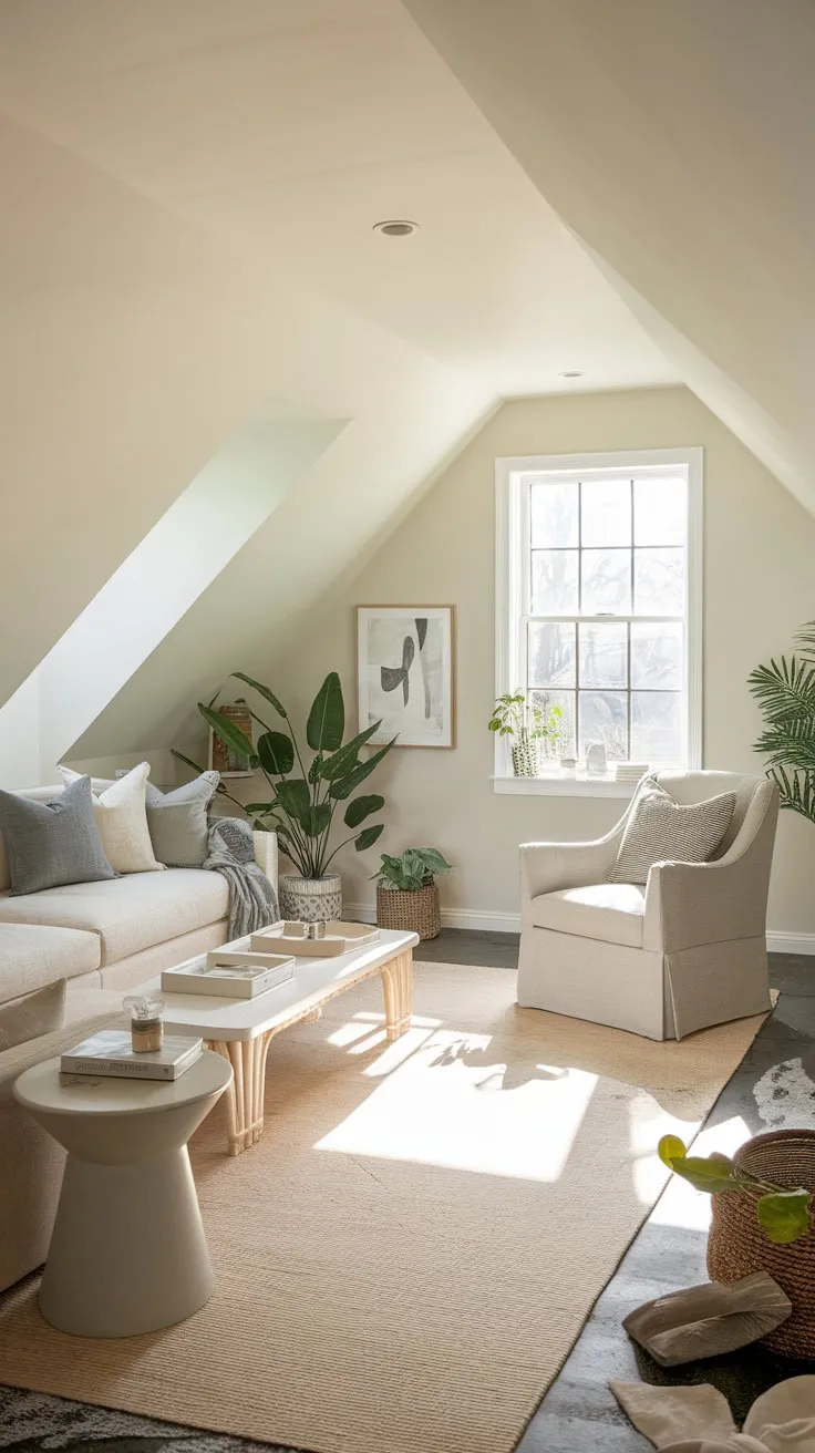 Ascend to your attic man cave, a haven where relaxation meets refined taste; the neutral palette and artful decor conspire to create an inviting escape you won't want to leave.