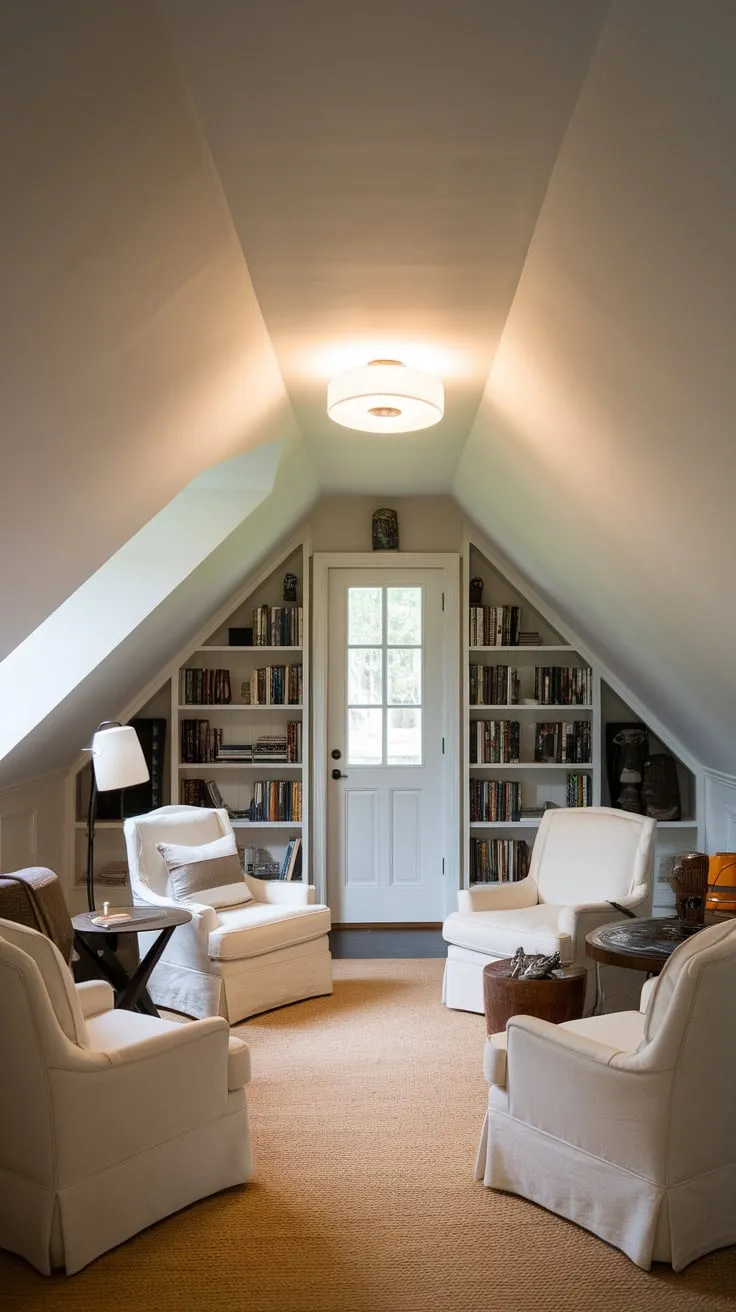 Ascend to your private attic haven, a space where the world melts away amidst the embrace of cozy chairs and an atmosphere that whispers of tranquility, offering the ideal escape for quiet contemplation and blissful repose.