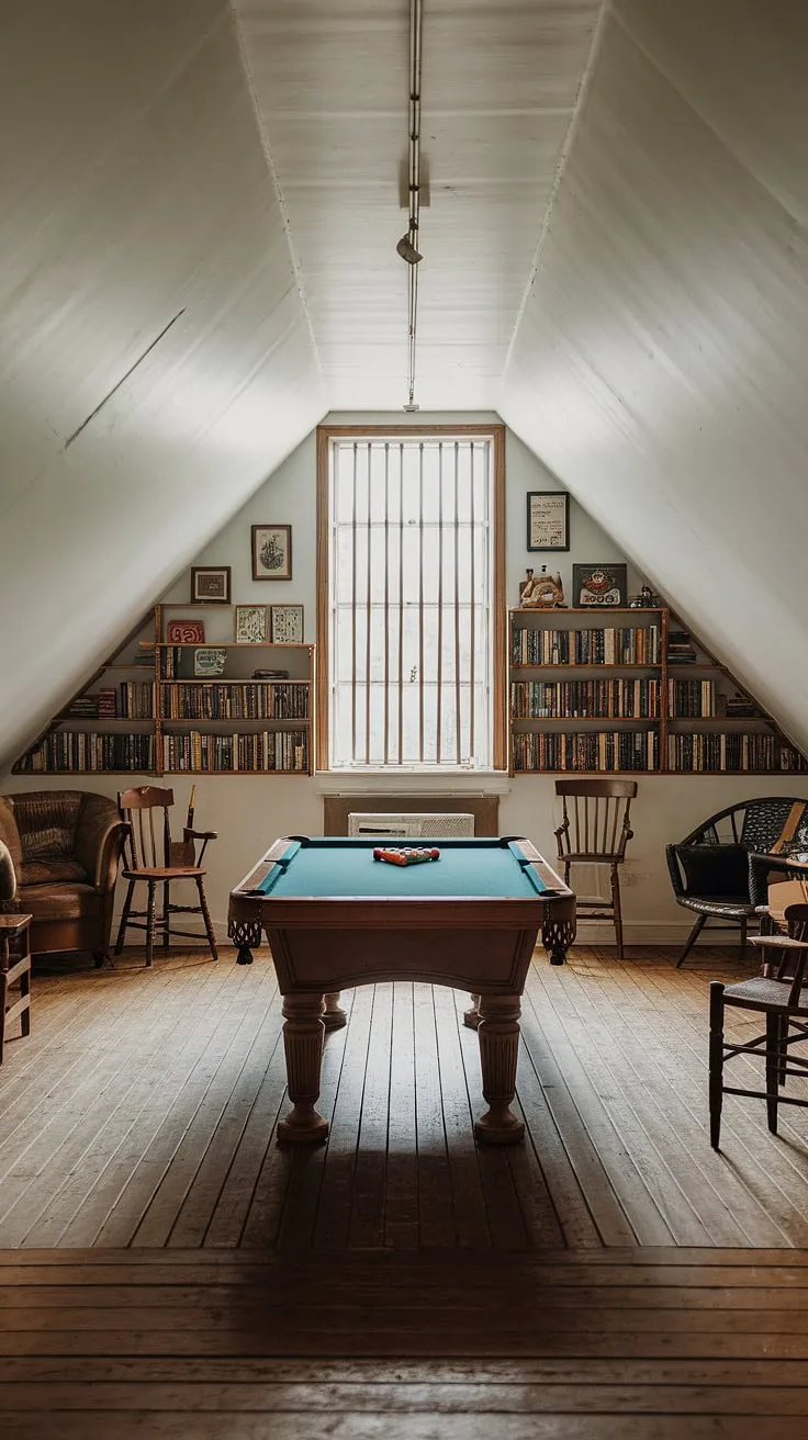 This attic man cave, a true game room attic, boasts a vintage pool table as its centerpiece.  The tasteful man cave design, complete with a charming window and built-in shelving, offers the perfect blend of comfort and classic style.  Plenty of pool room ideas are on display in this man cave pool room.