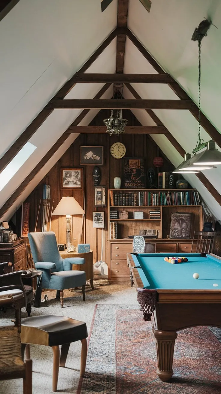 This tasteful vintage man cave attic, a true game room attic, seamlessly blends comfort and classic style. The pool table man cave is the centerpiece, surrounded by cozy seating and personal touches, offering the perfect blend of pool room ideas for a sophisticated retreat.