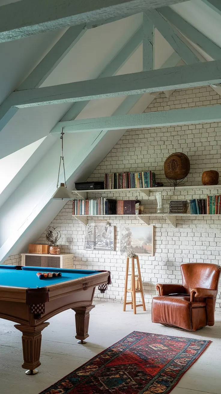 Escape to this man cave attic, a haven of refined leisure.  A vintage pool table takes center stage in this pool table man cave, surrounded by the warmth of exposed brick and wooden beams.  The leather chair invites relaxation, while the carefully curated shelves showcase a love for detail.  This man cave pool room is the epitome of vintage man cave ideas, a testament to tasteful man cave design.