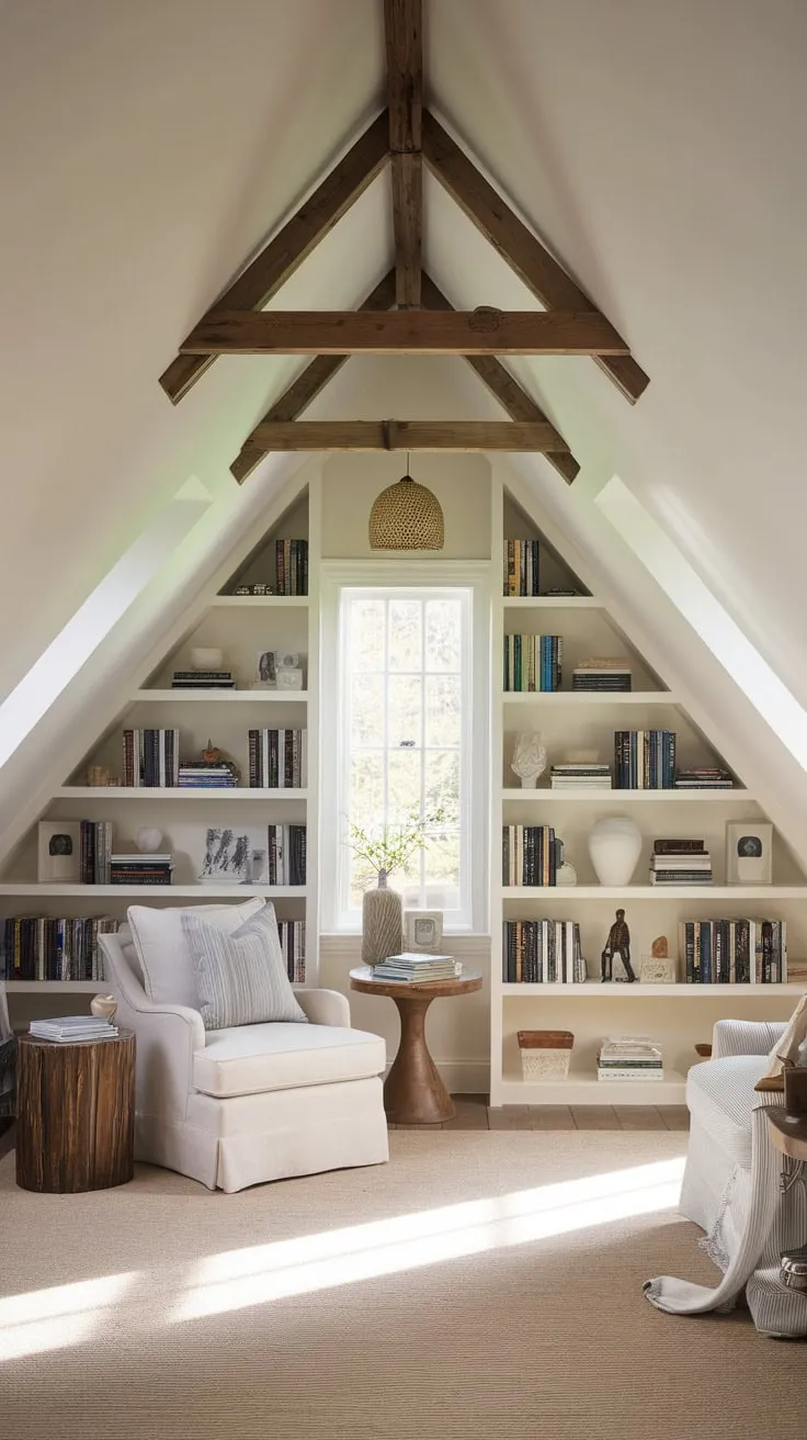 Step into your attic sanctuary, where comfort and style dance in perfect harmony, crafting an inviting escape brimming with literary treasures and whimsical decor, a space designed to ignite both relaxation and your creative spark.